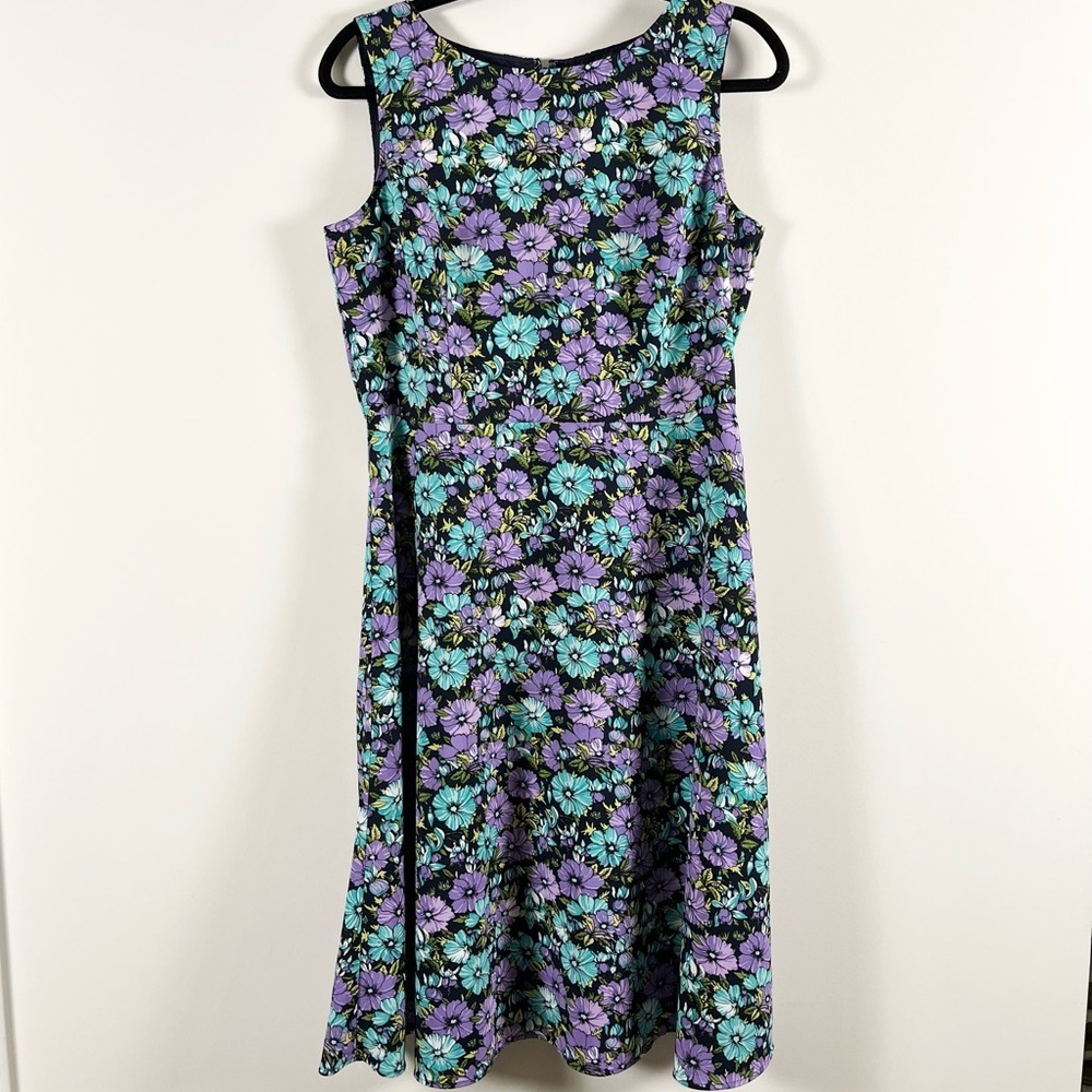 Talbots Floral Midi Dress in Black, Purple, Teal